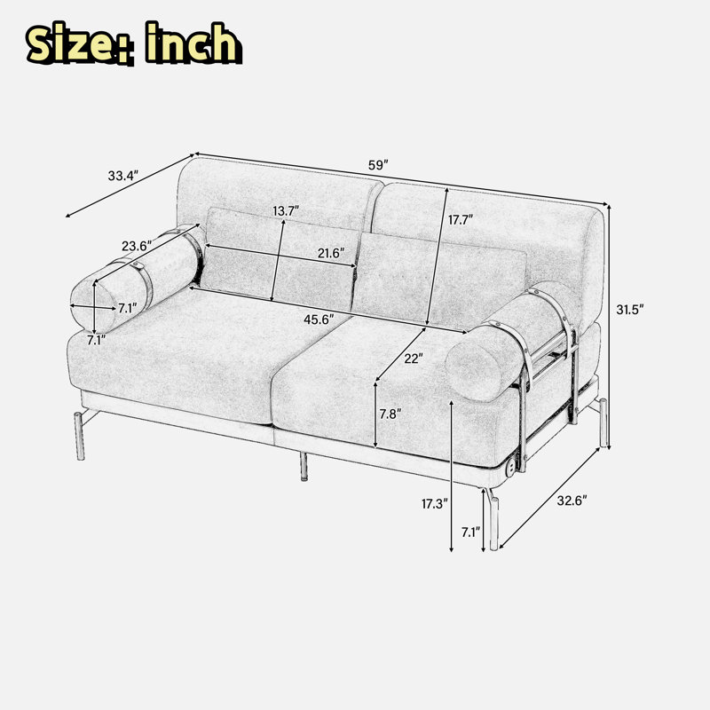 Modern Loveseat Sofa With Flexible Usb Ports, Unique Cylindrical Armrests, High Legs And Steel Frame, Beige