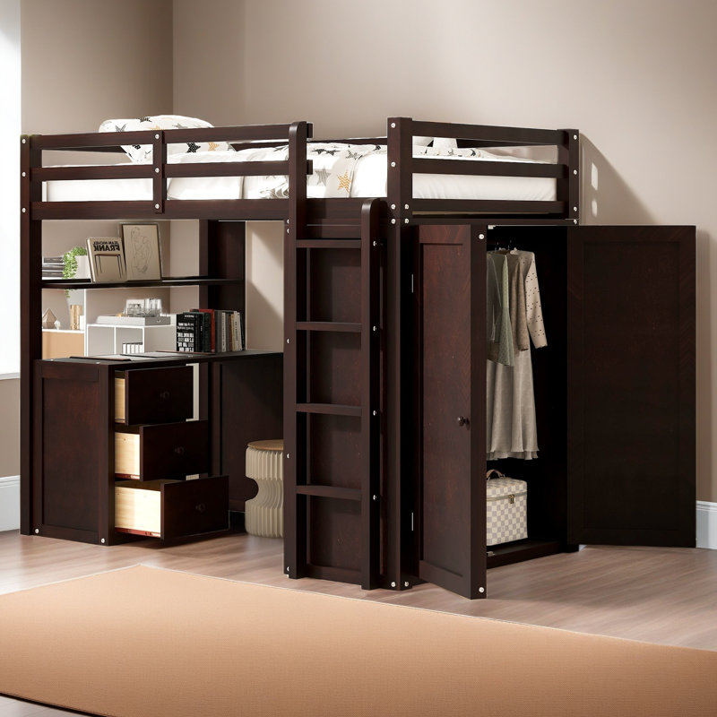 Lit mezzanine avec tiroirs, bureau et garde-robe, Lit simple, Espresso