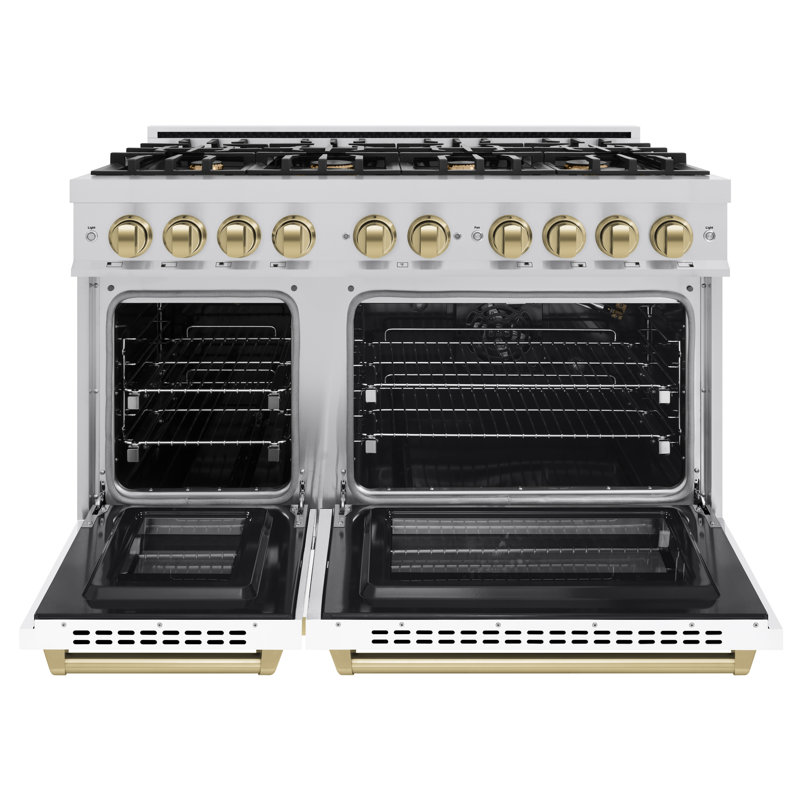ZLINE Autograph Edition 48 in. 6.7 cu. ft. Select Double Oven Gas Range W/ 8 Burner Cooktop in Stainless Steel W/ White Matte Doors & Champagne Bronze Accents (HGRZ-WM-48-CB)