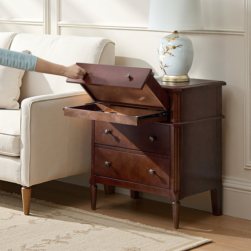 Vandyke Traditional 28"W 3-Drawer End Table with Pull-out Tray and Hidden Drawer and Solid Wood Legs, Walnut