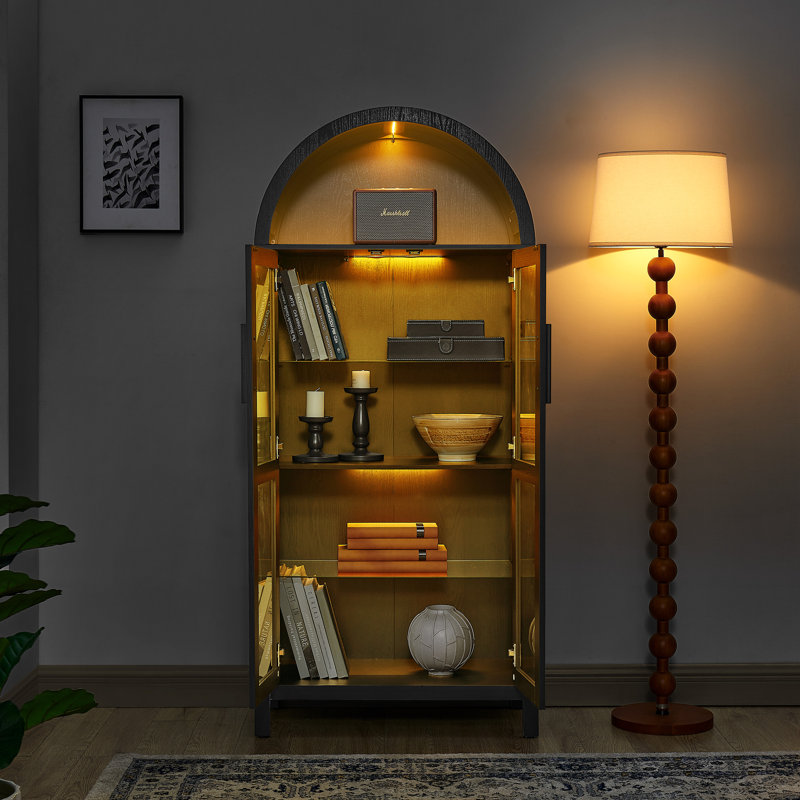 Armoire de rangement avec lampe, cloisons en verre réglables, Noir