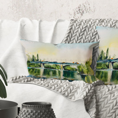 Rectangle, paysage avec vieux pont dans la campagne - Coussin décoratif à imprimé traditionnel