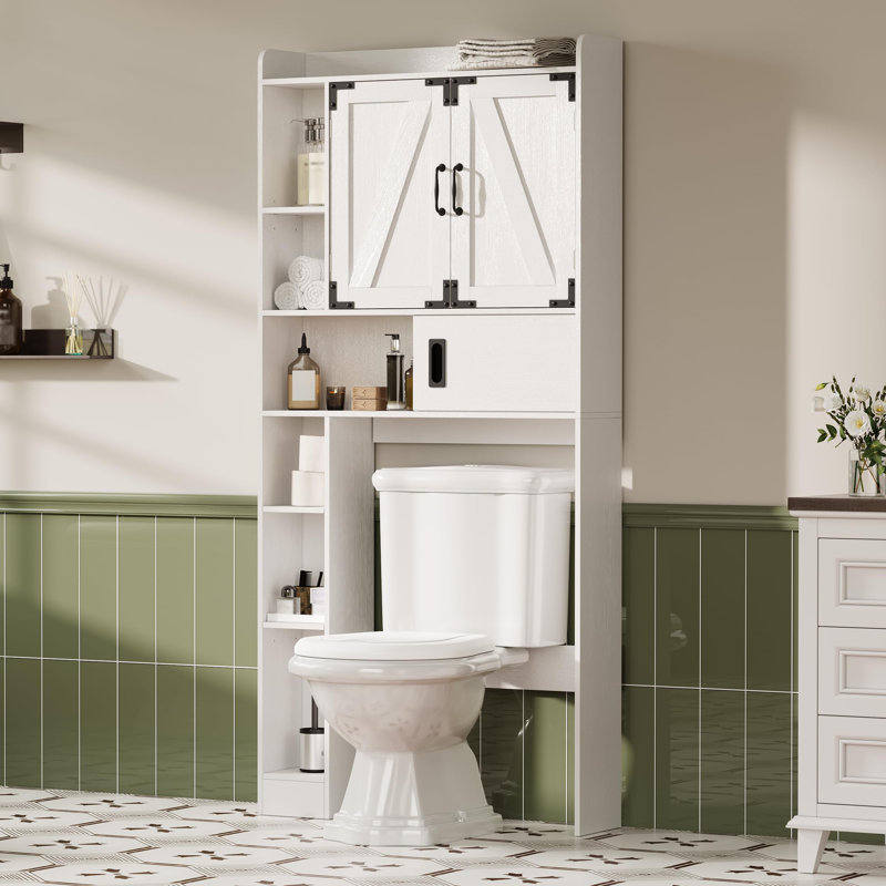Armoire de rangement au-dessus de la toilette avec portes de grange, Blanc
