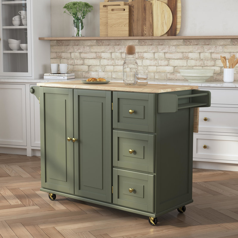 Arlonda Solid Wood Top Kitchen Cart, Sage Green