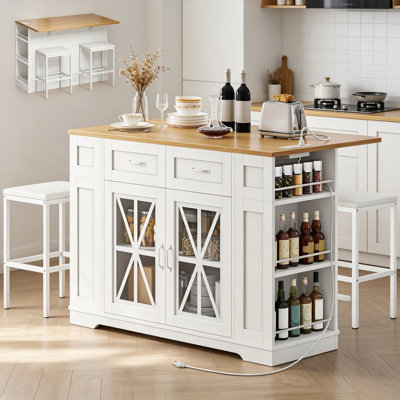 Kitchen Island With Seating, 47 Inch Mobile Storage Island With Drop Leaf, Rolling Kitchen Cart With Power Outlet And Spice Rack, 2 Upholstered Stools And Footrest, For Dining Room And Kitchen, White Oak