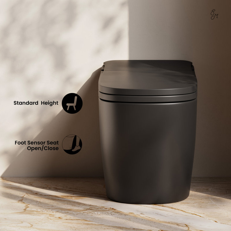 Toilette intelligente une pièce Avancer 1,28 GPF avec bidet chauffant, séchage à l'air, veilleuse, capteur de pied, Noir mat