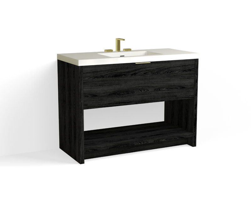 Vista 48" W Freestanding Single Bathroom Vanity, White Gloss, Charred/Satin Brass, 8" Widespread