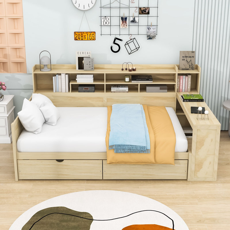 Lit de jour en bois avec tablettes de rangement, 2 tiroirs de rangement et bureau d'étude, Naturel, Lit double