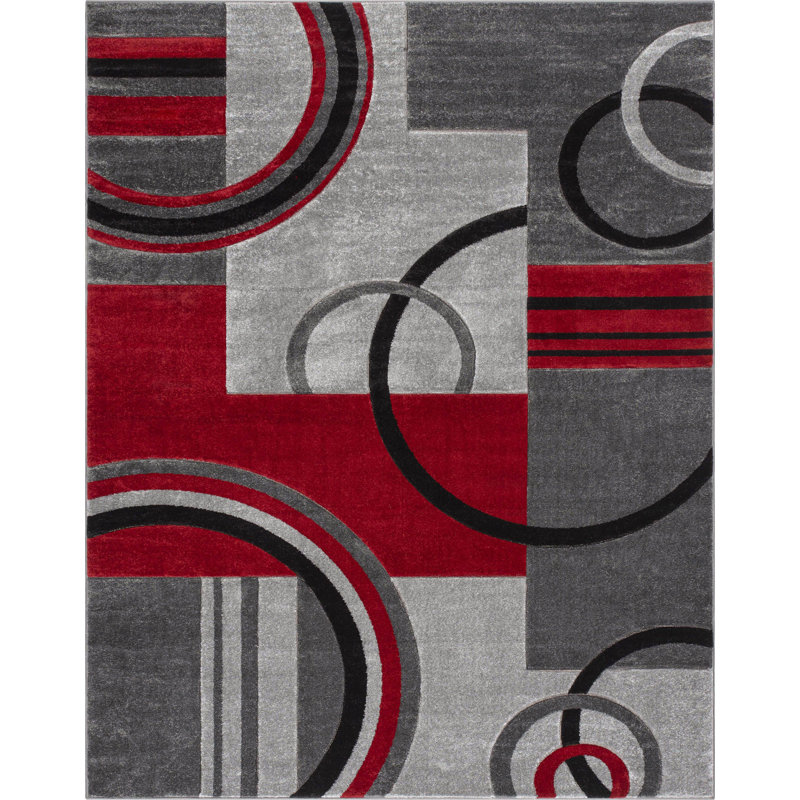 Shaliya Galaxy Waves Grey Red Modern Geometric Rug, Rectangle 7'10" x 9'10"