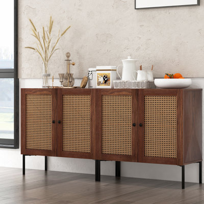 Oullins Set Of 2 Rattan Buffet Sideboard Wine Cabinet Cupboard W/adjustable Shelf Walnut by Bay Isle Home