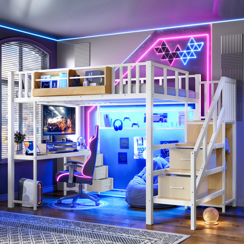 Lit mezzanine double avec bureau, escalier de rangement, tiroirs, lampe à DEL et port USB, structure métallique robuste, blanc
