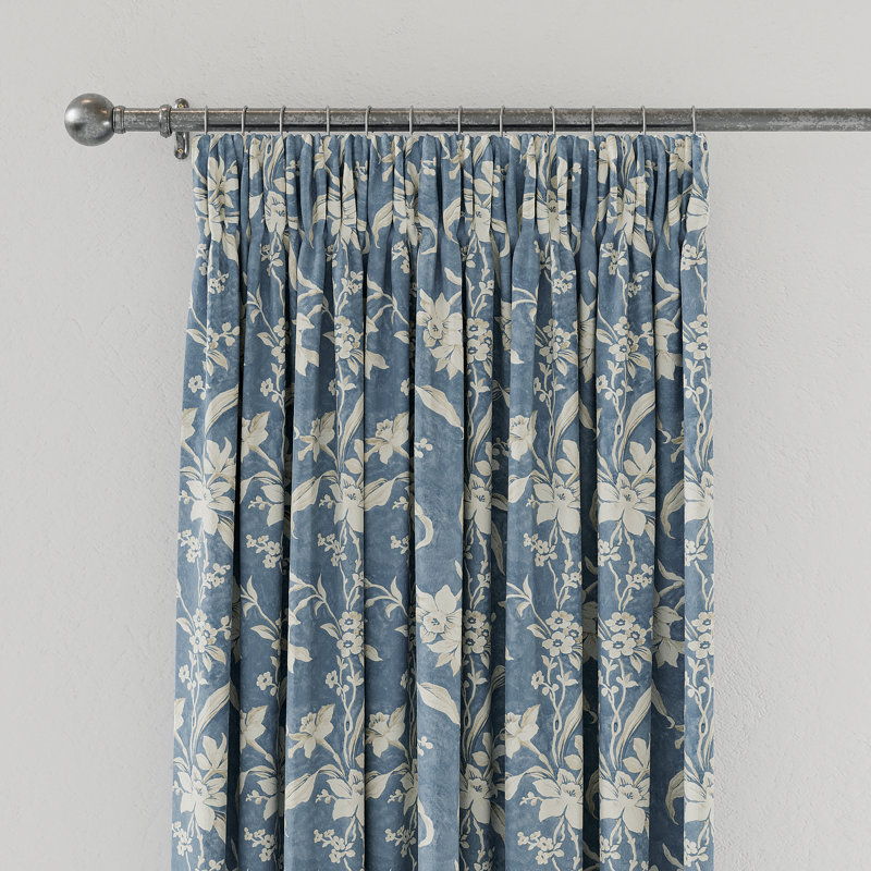Daffodil Dreams 100% Cotton Room Darkening Curtain Pair, Blue, 66cm Width x 54cm Drop
