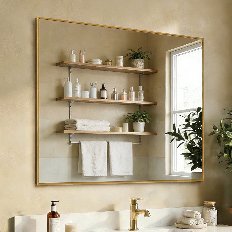 Miroir de salle de bain rectangulaire à cadre doré 36 po x 30 po, verre trempé transparent antidéflagrant, miroir de maquillage mural décoratif moderne
