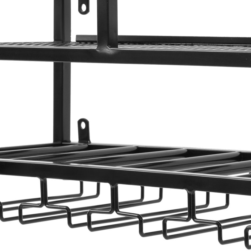Wall-Mounted Wine Rack, Industrial Wine Rack with Glass Holder, Liquor Shelves , Black