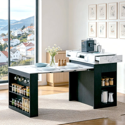 Table de salle à manger extensible avec plateau pliable, table de bar avec tiroirs et prise de courant, îlot de cuisine avec roulettes et crochets