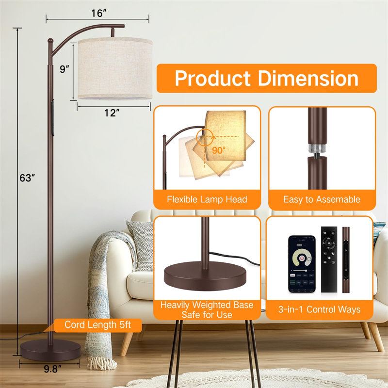 Assiah 160cm LED Arched Floor Lamp, Brown