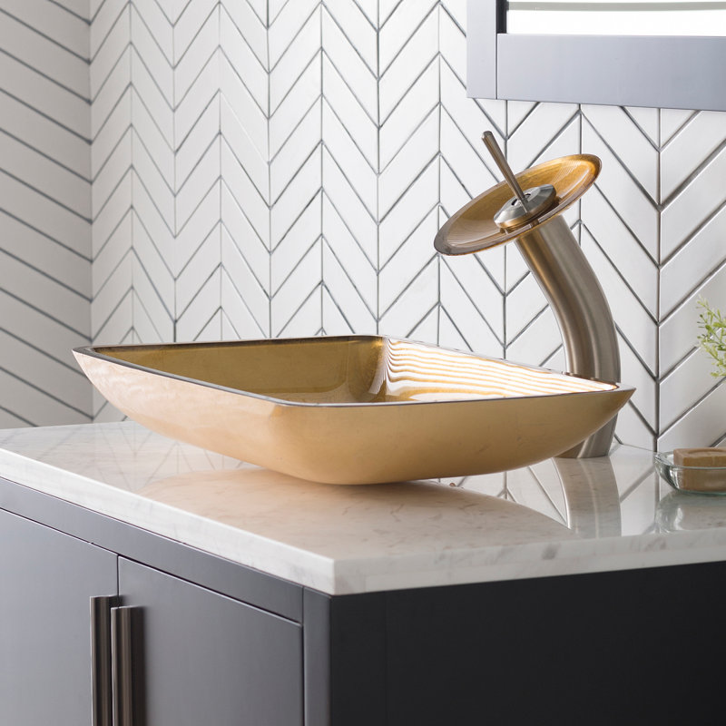 Lavabo de salle de bain vasque rectangulaire en verre Galaxy avec robinet, Nickel satiné, Perle dorée