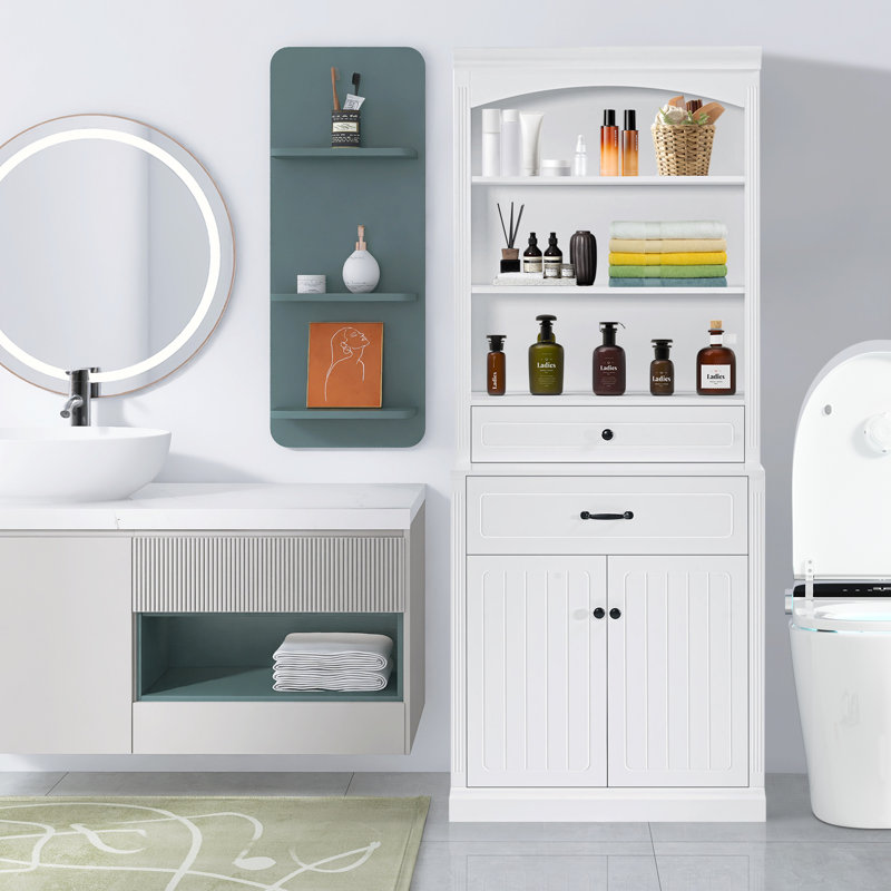 Armoire de rangement pour salle de bain avec 2 portes, tiroirs, tablette réglable et 3 tablettes ouvertes