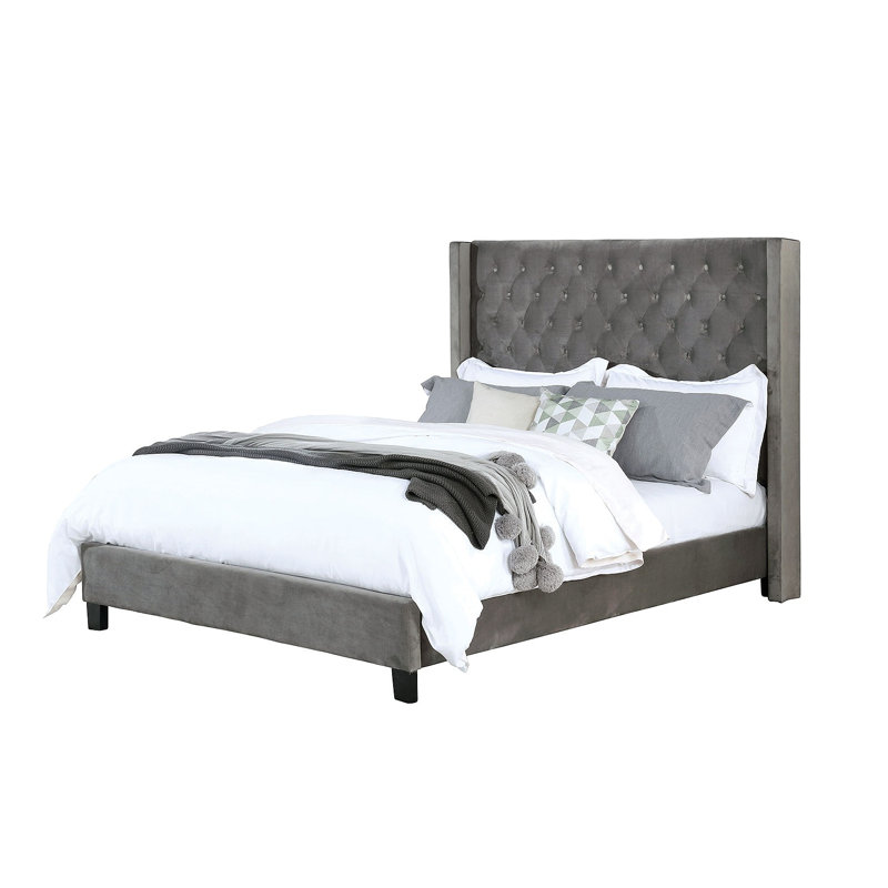 Elegant 1Pc Bed Fully Upholstered Frame Fabric Tufted HB Bedroom Wingback Design, Gray