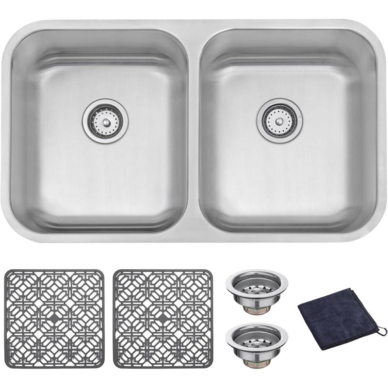 18 Gauge Stainless Steel 34.8 in. Double Bowl Undermount Kitchen Sink, 34.8" x 20.75" x 9"