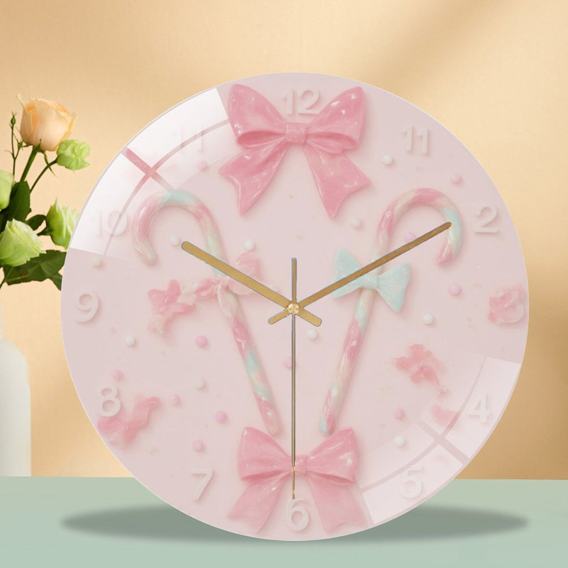 Candy-Cane-Clock-Face-With-Pink-Bows Art - 12'' Modern Glass Wall Clock