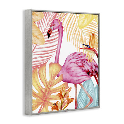 Flamant rose et plantes aux couleurs vives, art de la giclée encadrée, design par Kim Allen