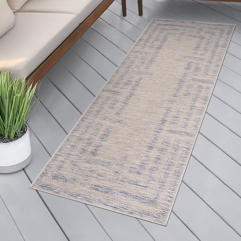 Amanda Geometric Beige & Gray Indoor / Outdoor Area Rug, Runner 2'3" x 7'3"