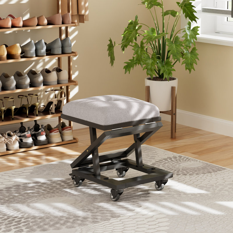 Modern Adjustable Height Lifting Foot Stool With Wheels Grey Fabric Ottoman Portable Metal Footstool, Foldable Steel Frame