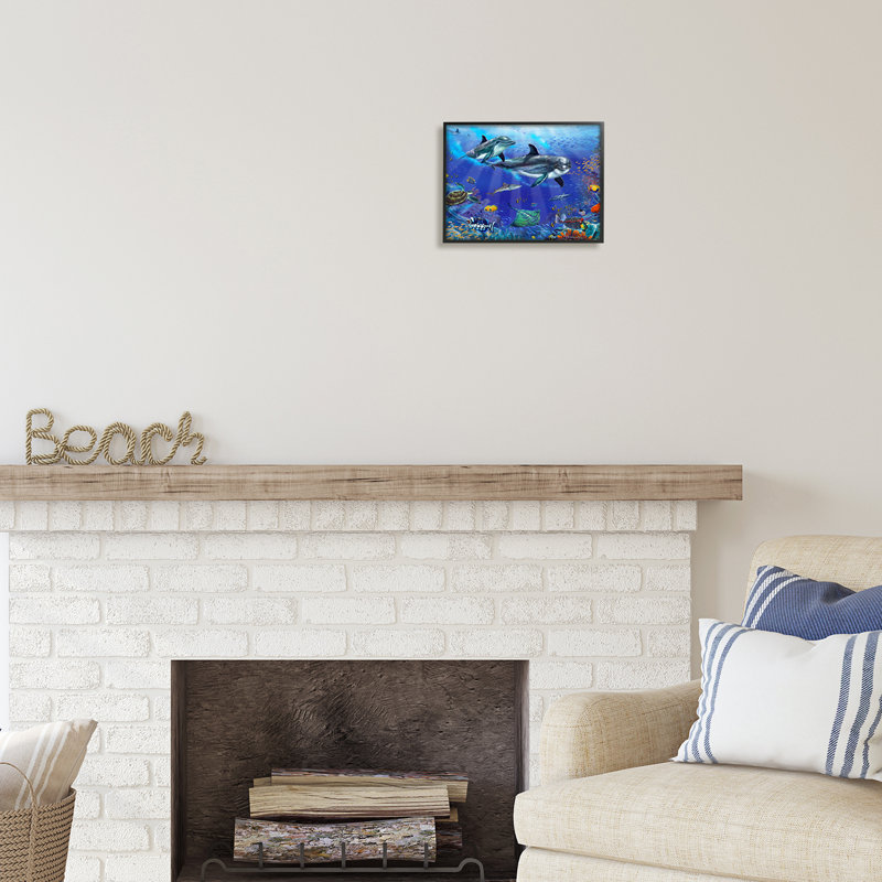 Au-485-Giclée sous-marine, scène de la vie des dauphins par Interlitho, peinture, Giclée encadrée noir minuit