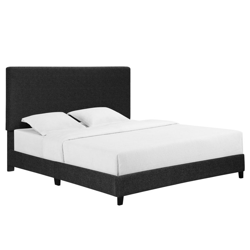 Lit très grand lit transitionnel gris anthracite avec revêtement en tissu d'ameublement foncé et pieds en bois massif