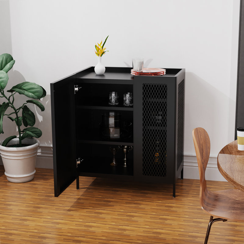 Buffet en métal avec portes grillagées et tablettes réglables pour la salle à manger et la cuisine, Noir