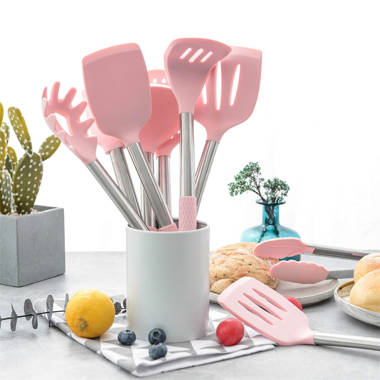 Feast Finds Silicone Kitchen Tool Cooking Utensils Kitchen Heat Resistant,  Wooden Handles Pink Kitchen Gadgets Tools for Nonstick Cookware