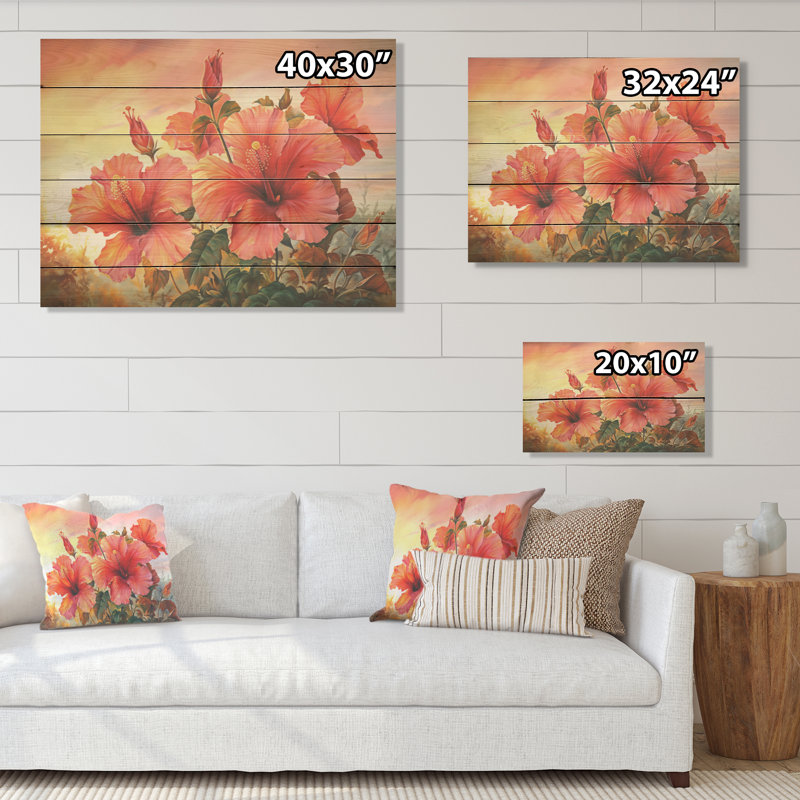 Hibiscus corail sur la plage I - Art mural en bois d'hibiscus sur bois de pin naturel, H 30 po x l 40 po