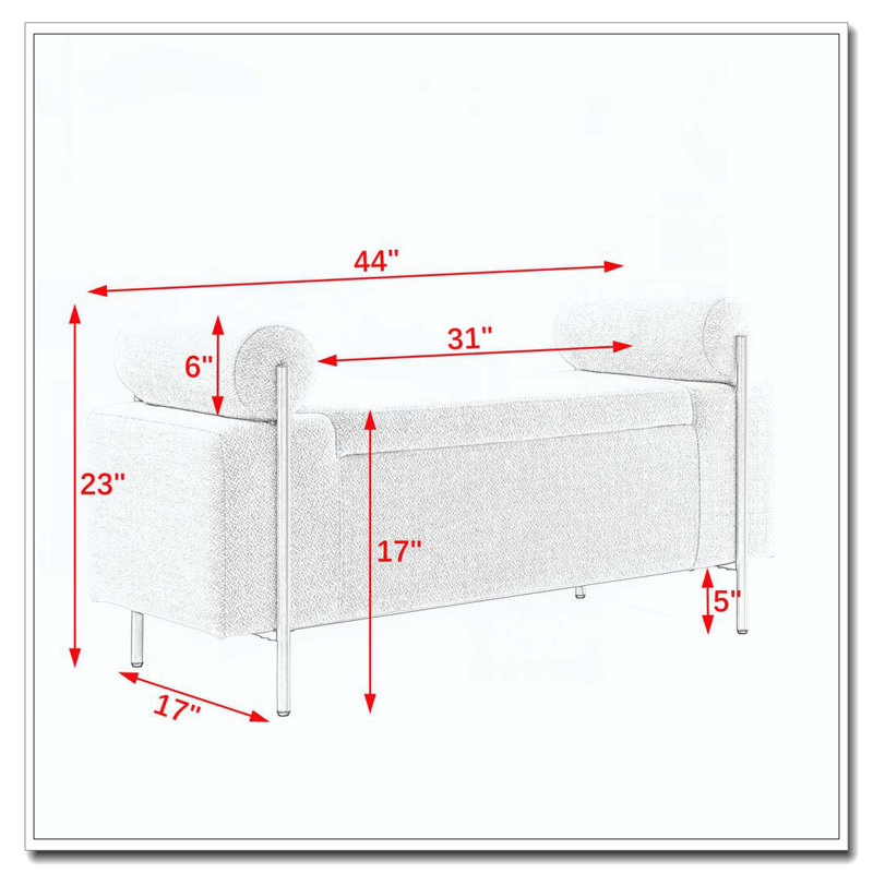 Banc de rangement en velours avec accoudoirs cylindriques et pieds en fer, Beige