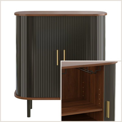 28.3" Bar Cabinet, Retro Style Bar Cabinet with Side-sliding Roll-up Doors and 8 Wine Racks