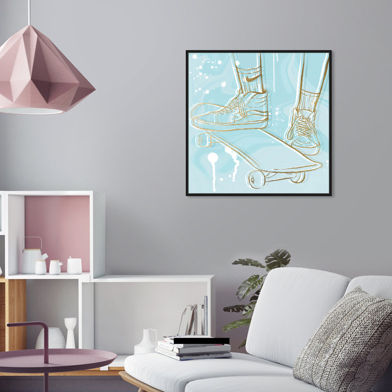 " Pastel And Gold Skateboard ", 24" H x 24" W x 1.5" D, Black Framed