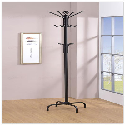 Sleek Metal Coat Rack With Three Tiers Of Hooks, Perfect For Entryways And Mudrooms, Combining Style And Functionality.