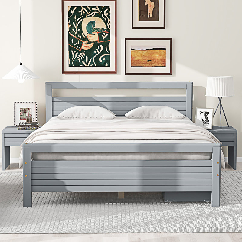Lit plateforme en bois avec 2 tiroirs de rangement et 2 tables de chevet, Gris, Grand lit