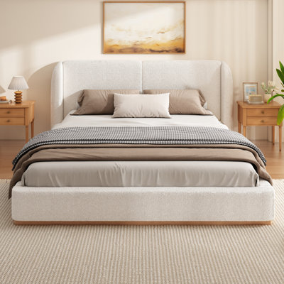 Eloria Modern Boucle Upholstered Bed Frame With Wingback Headboard And Solid Wood Base