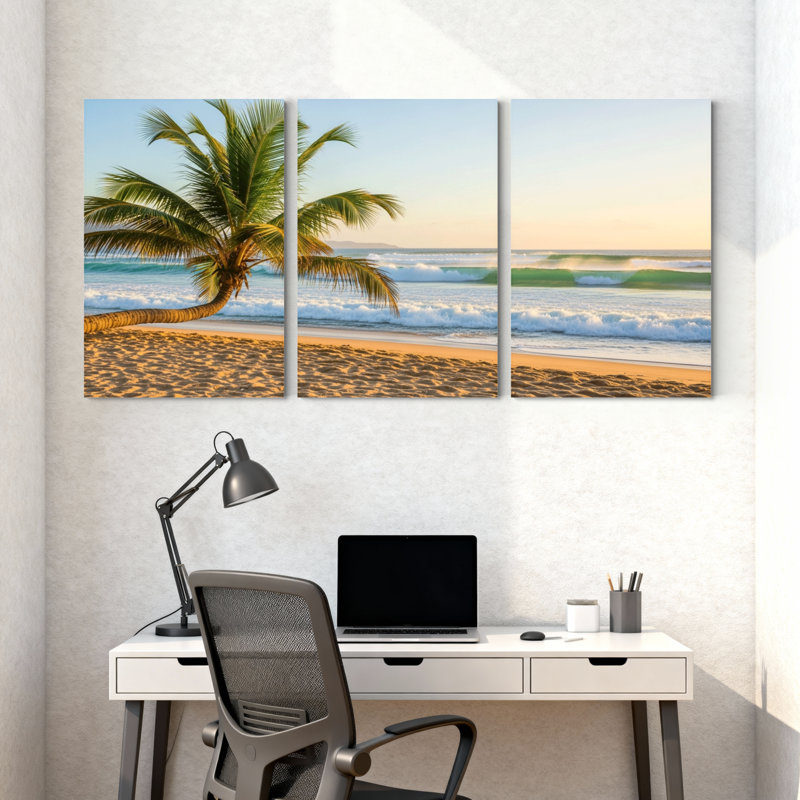 Palmiers, plage tropicale, océan, coucher de soleil, vagues de sable, ciel, ensemble de 3 impressions sur toile