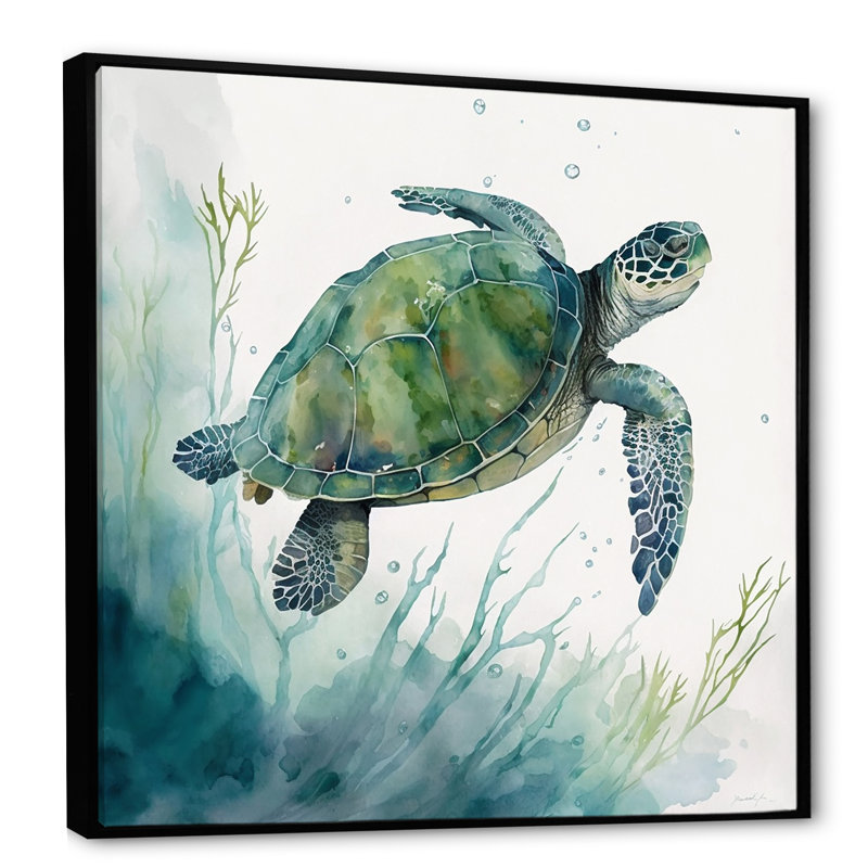 Tortue aquarelle nageant II - reproduction sur toile, H 36 po x l 36 po x P 1,5 po, Toile avec cadre flottant noir
