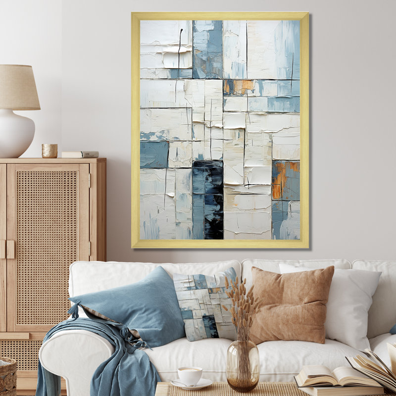 Cubisme bleu et blanc Fight I - formes abstraites, décoration murale, Cadre doré simple, H 20 po x l 12 po x P 1 po