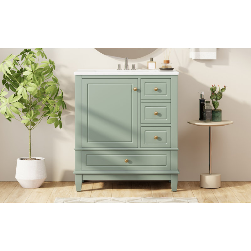 Bathroom Vanity With Sink/ One Door With Shelf And Three Drawers/ Door/Bathroom Vanity Cabinet, Light Green