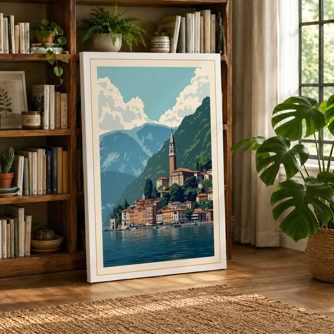 Alpine Lakeside Village Vintage - Wrapped Canvas
