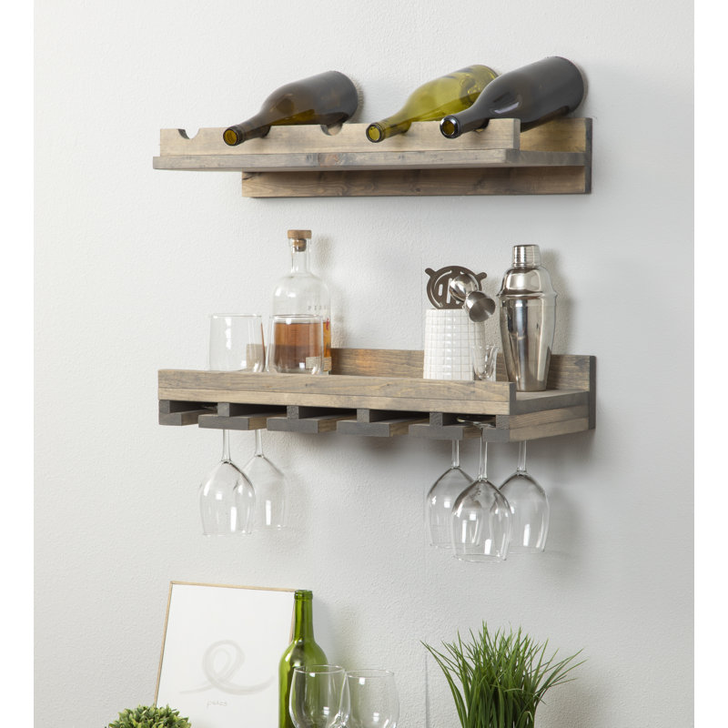Support à vin à et à verres à fixation murale en bois massif Blende, Gris, H 4,25 po x l 24 po x P 10 po