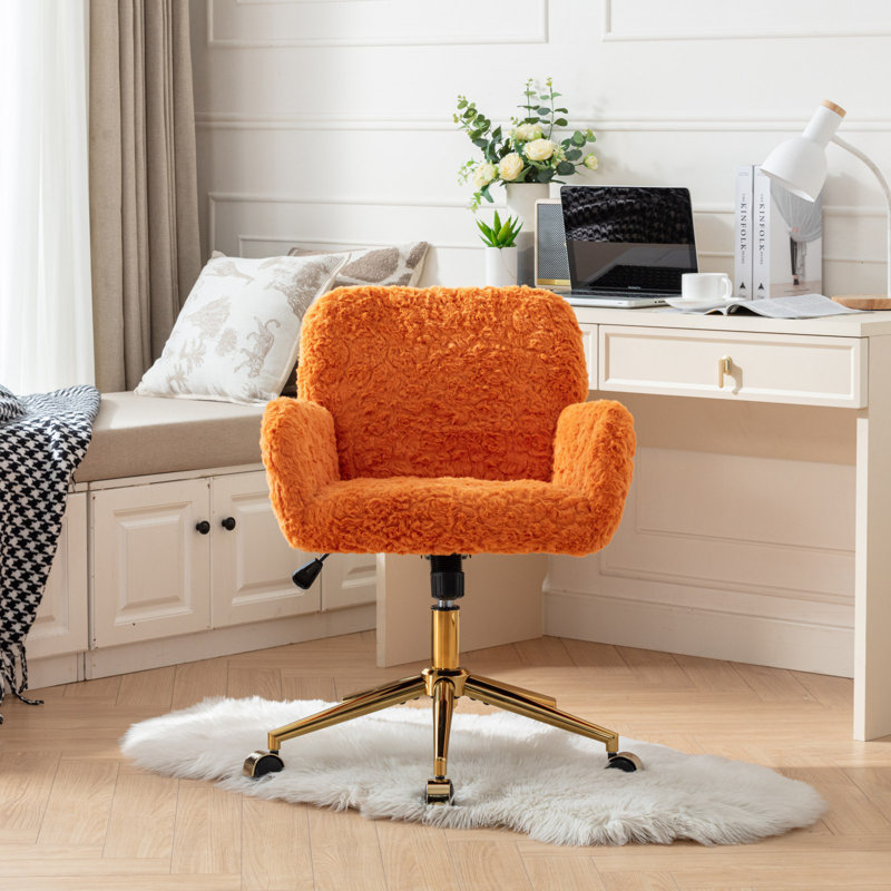 Artificial Rabbit Hair Home Office Chair With Golden Metal Base,adjustable Desk, Orange