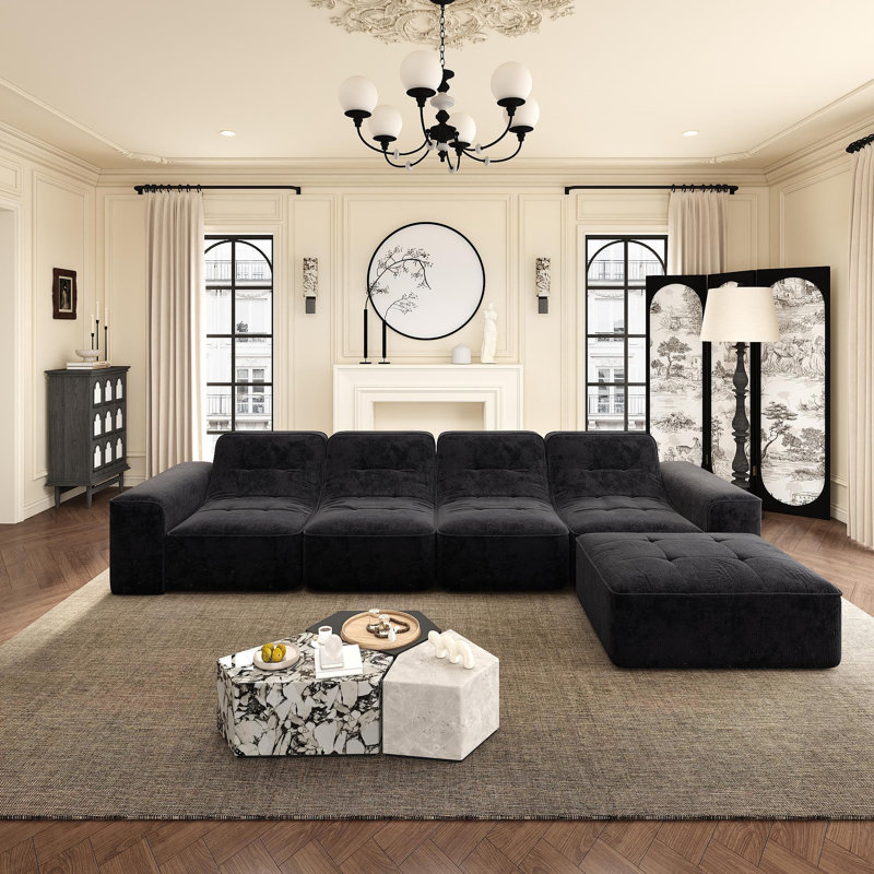 Ensemble de canapé modulaire de 143,7 po avec repose-pieds amovible, conception capitonnée, siège profond, méridienne et chaise d'appoint, canapé en chenille étincelant bricolage moderne pour salon, appartement, bureau