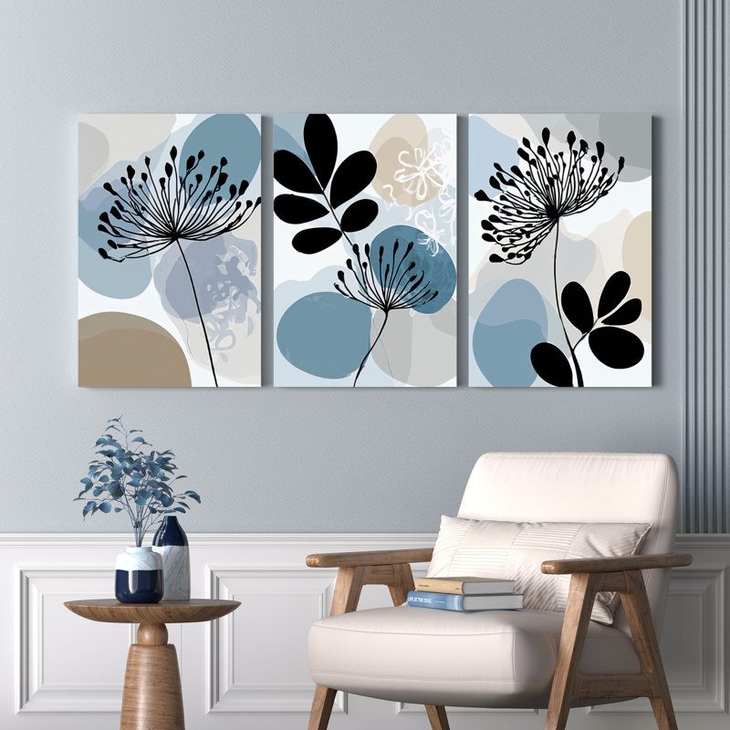Motif floral abstrait et feuille abstraite, impression géométrique sur toile (ensemble de 3), H 30 po x l 60 po