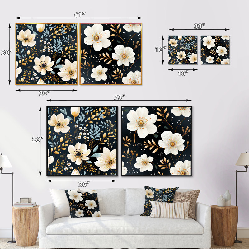 Ezio - Ensemble de 2 collages carrés floraux, Cadre flottant noir, H 30 po x l 61 po