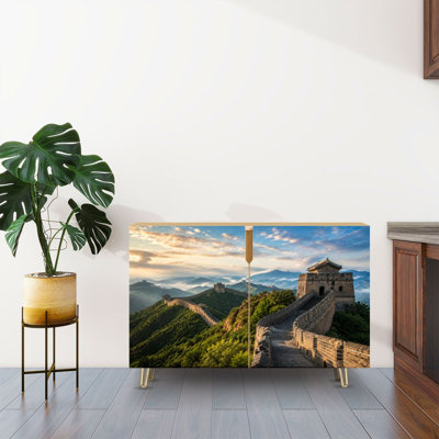 Sideboard Buffet Cabinet with Storage Majestic Great Wall China Among Green Mountains Sunrise with 2 Doors for Living Room and Kitchen